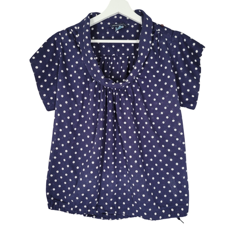 French Connection Blouse Womens 8 Navy Polka Dot Cowl Neck Bubble Hem Cotton Top